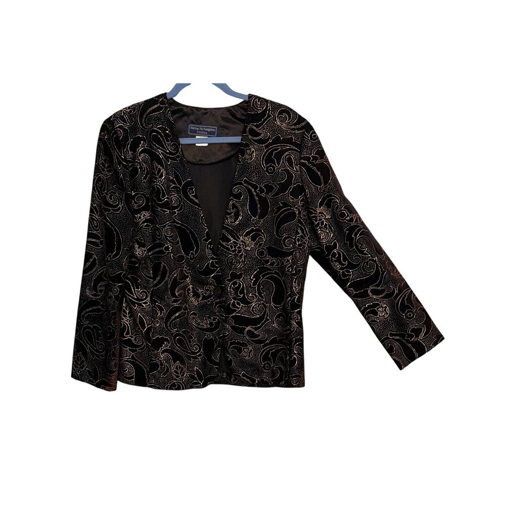 Norton McNaughton Top Womens Size 12P Black Blue Gold Velvet Baroque Vintage 80s